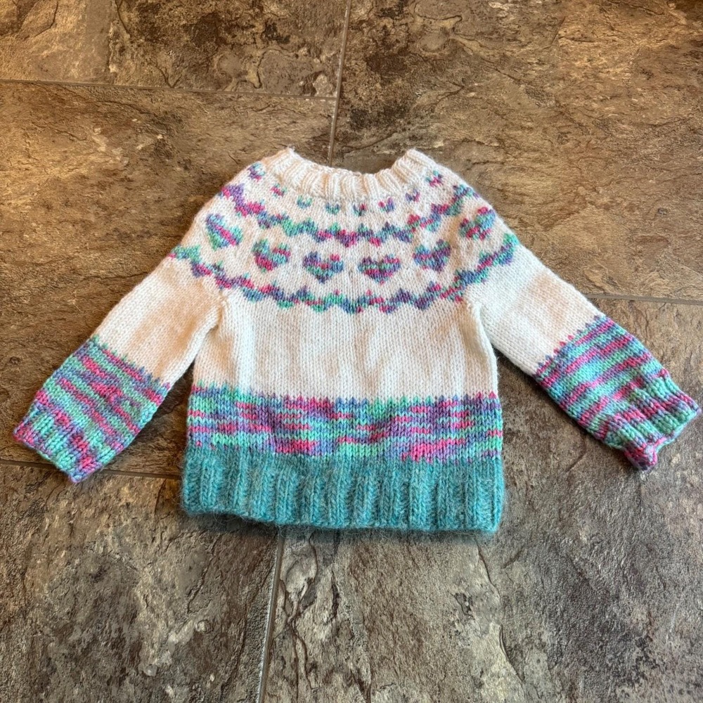 OOAK Hand Knit Handmade Colorful Heart Sweater, Kids Pullover, Cozy Winter Top